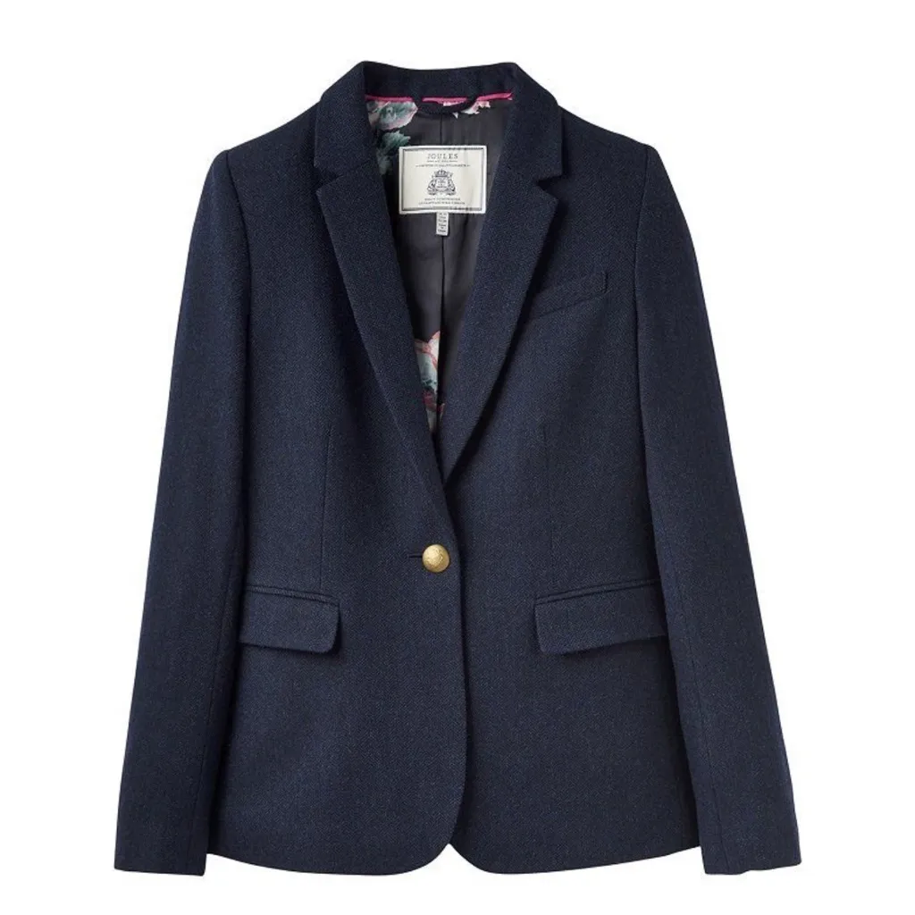 Joules Tweed Navy blue Wool blend blazer With Floral Lining Size 4 - Image 2