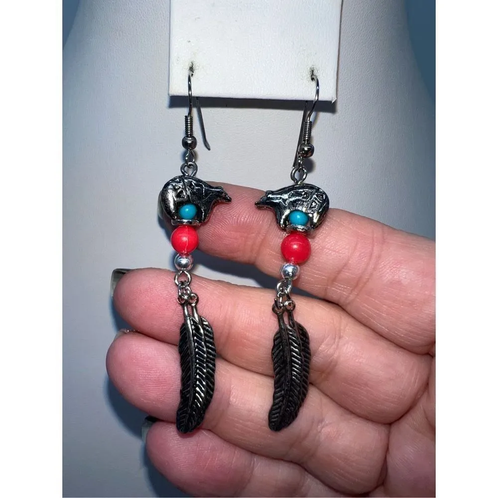 Silver Tone South Western Bear and Feather Dangle Earrings - Image 3
