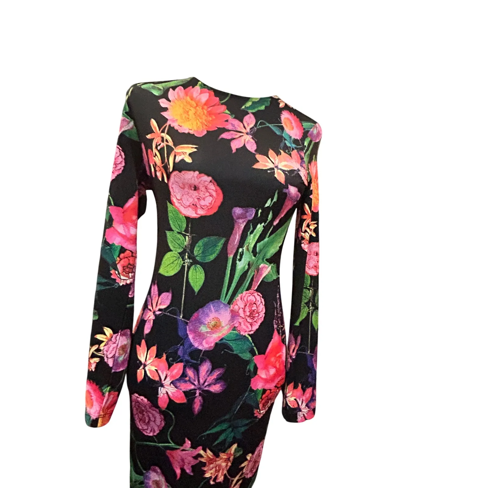 Venus Black Floral Print Long Sleeve Bodycon Dress Party Cocktail XS‎ - Image 2