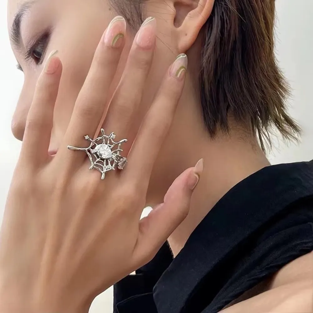 Korean Vintage Zircon Spider Web Silver Open Ring - Image 3