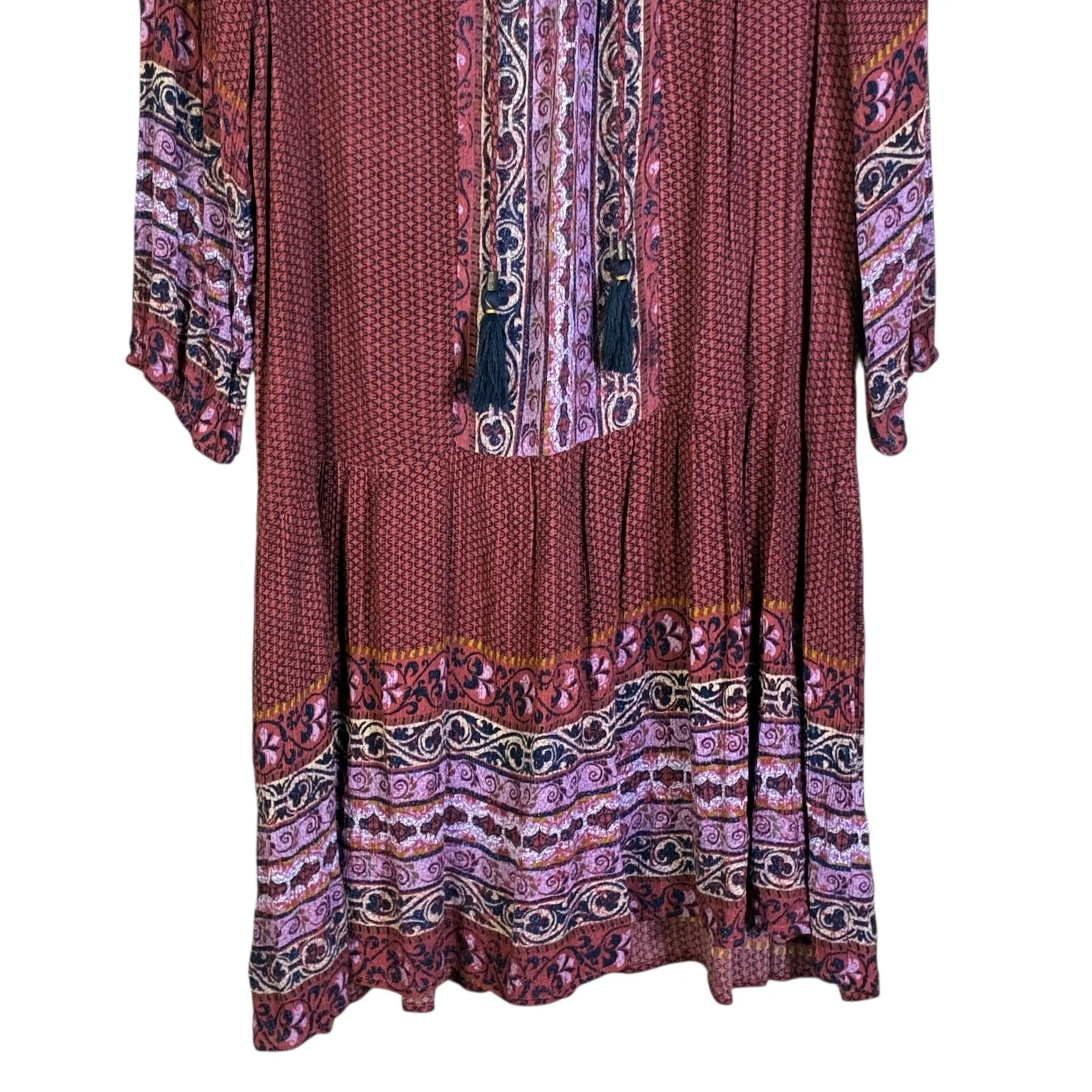 KNOX ROSE Womens Dress Tassels Print Boho Tiered Midi Burgundy XXL - Image 3