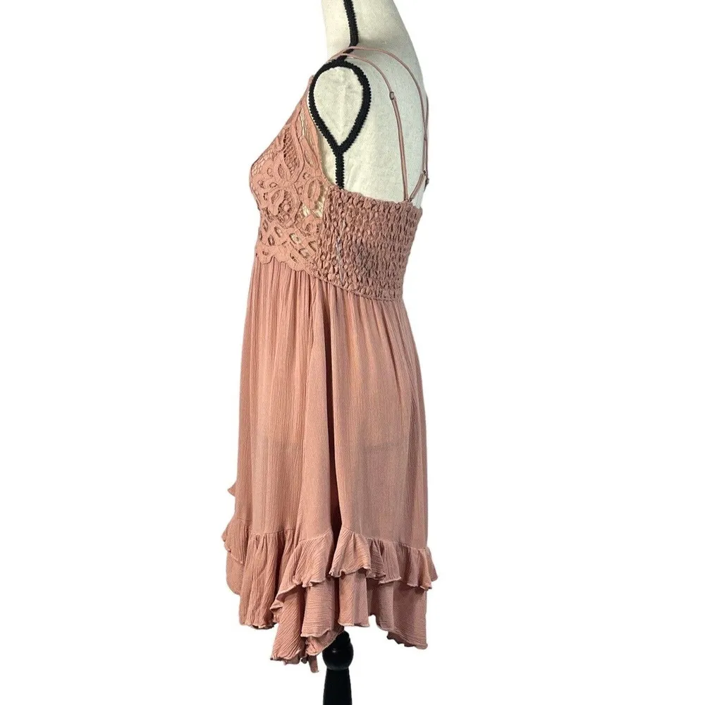 Free People One X-Small Adella Slip Mini Dress Rose Crochet Lace Flowy Smocked - Image 9