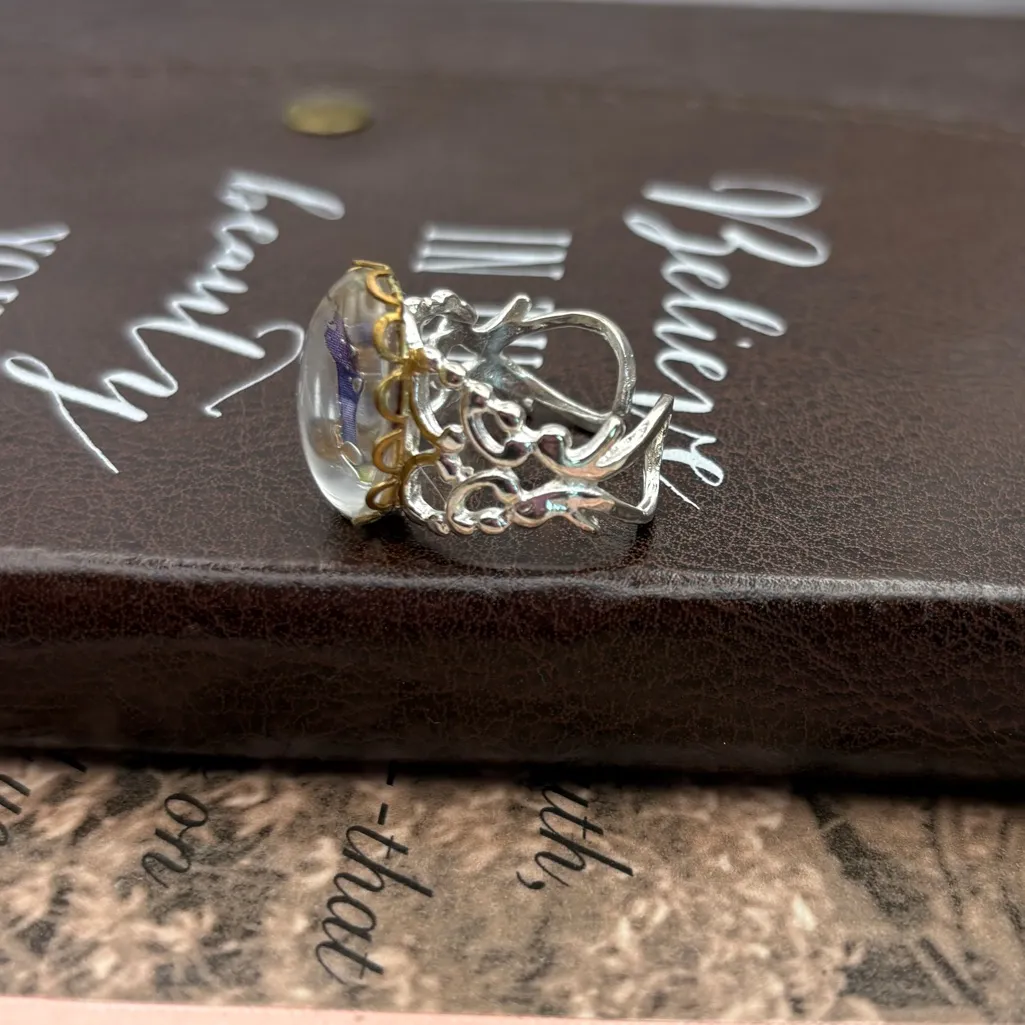 Purple Floral Pressed Flower Ring Adjustable Silver Band - Image 4