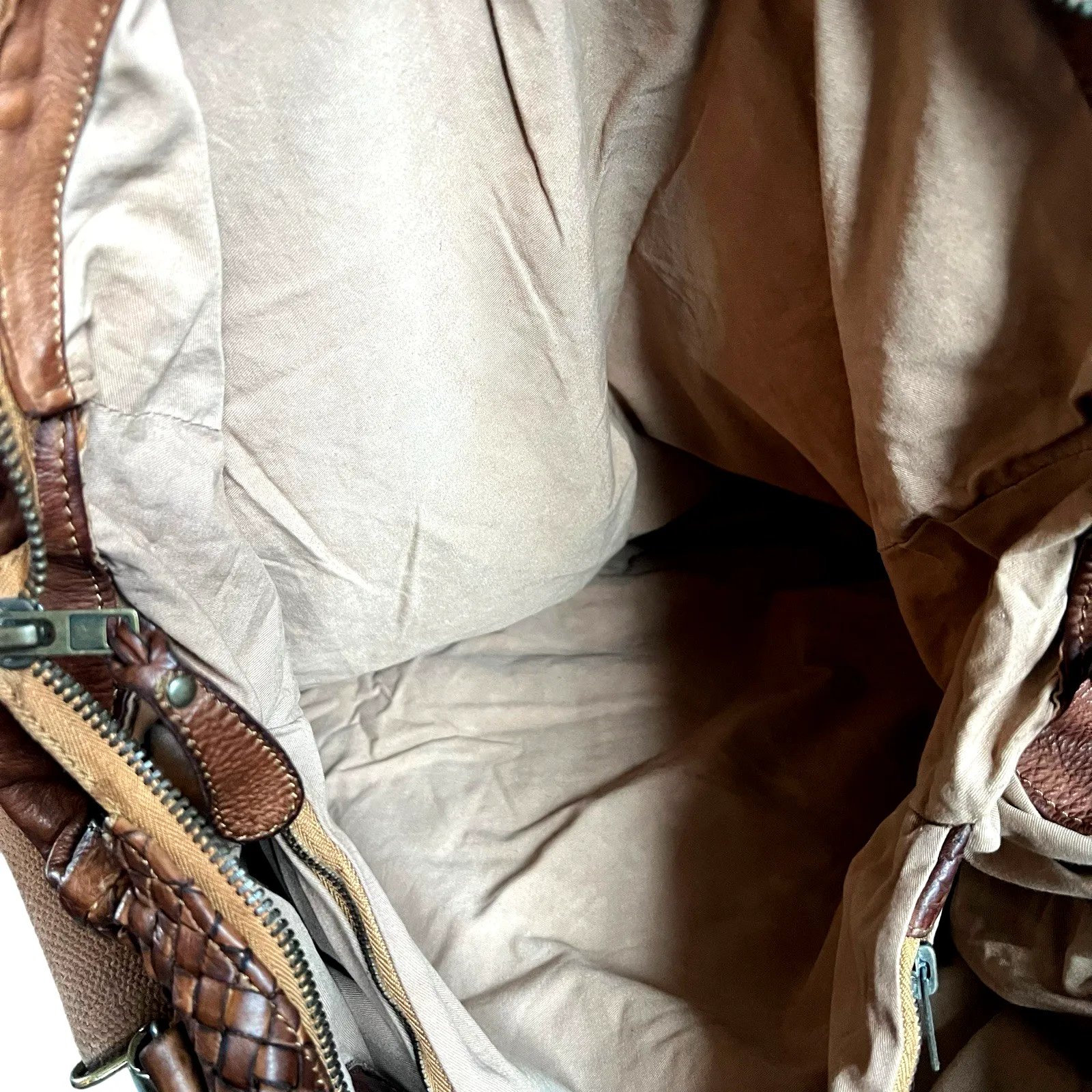 Bruno Magli Woven Leather Satchel Weekender Travel Bag Cognac Brown - Image 9