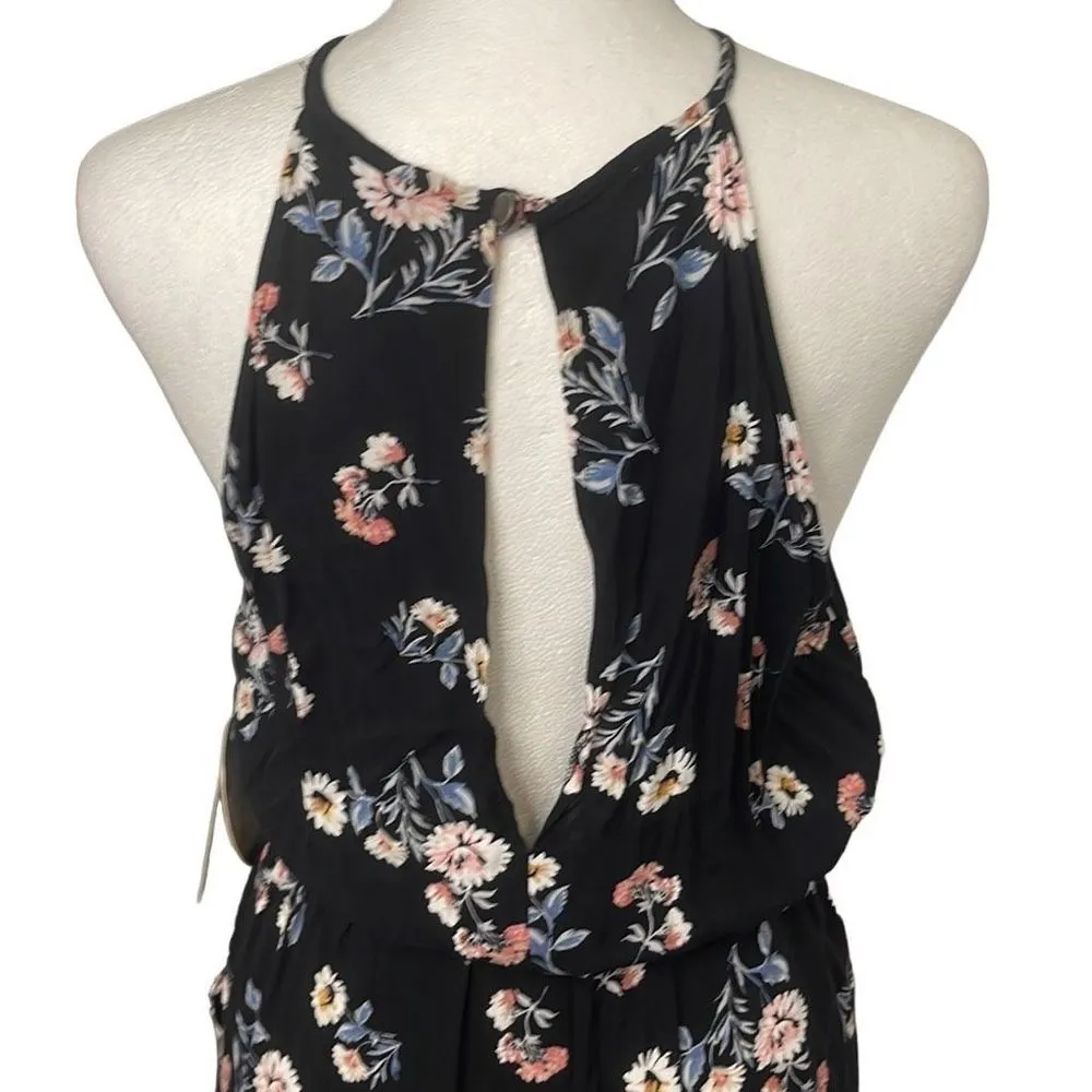 Womens Floral Romper Halter Neck Sleeveless Waist Tie Pocket Small Black - Image 5