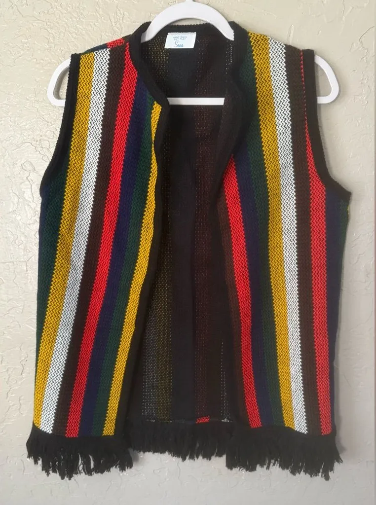 Vintage Sears Cardigan Sweater Vest Striped Fringe Boho Hippie Mod Knit Red Size M - Image 1