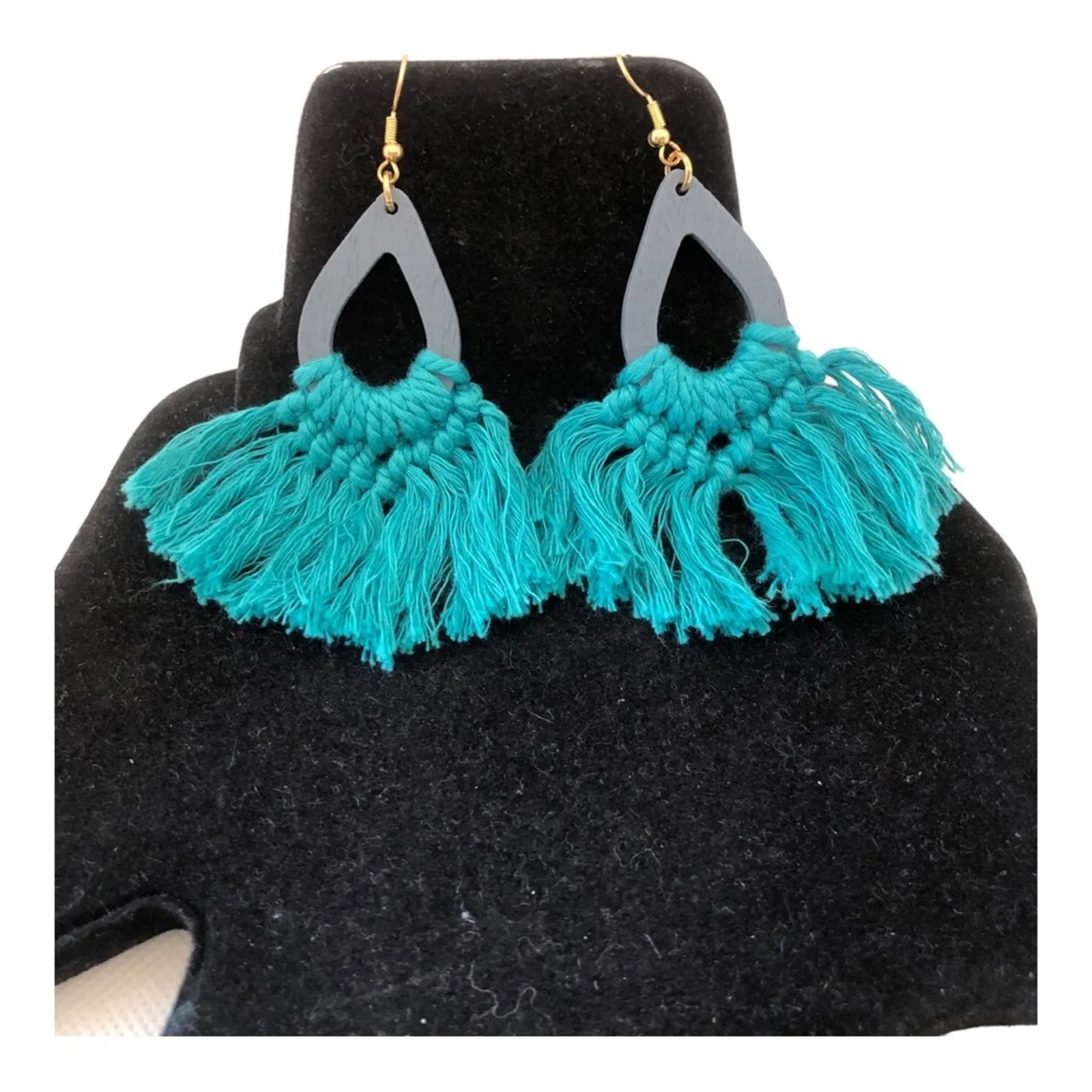 Green Macrame Fan Fringe Cutout Colored Wood Teardrop Bohemian Dangle Earrings - Image 3