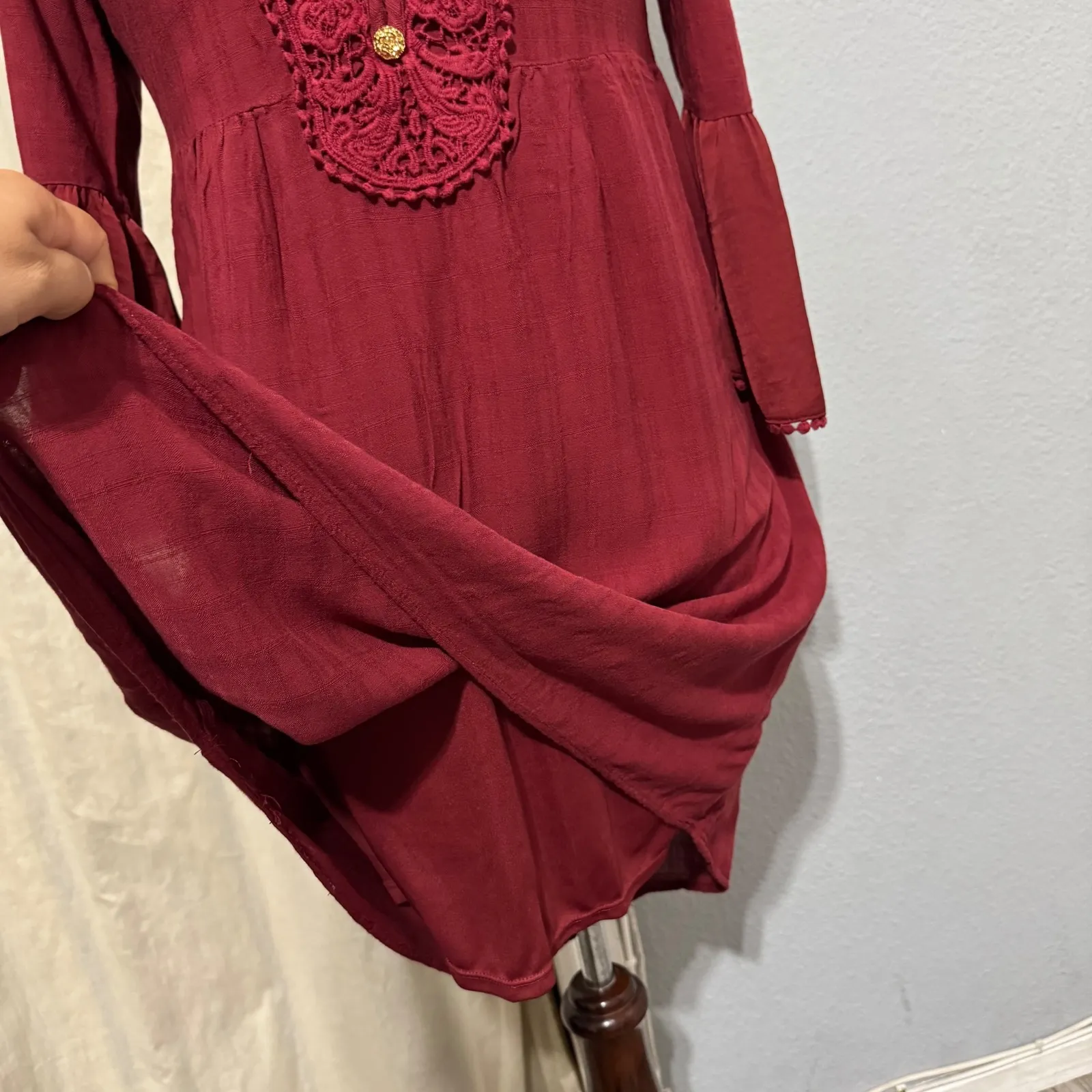 Knox Rose Women Burgundy Lace Front Bell Sleeve Boho Peasant Cottagecore Dress M - Image 6