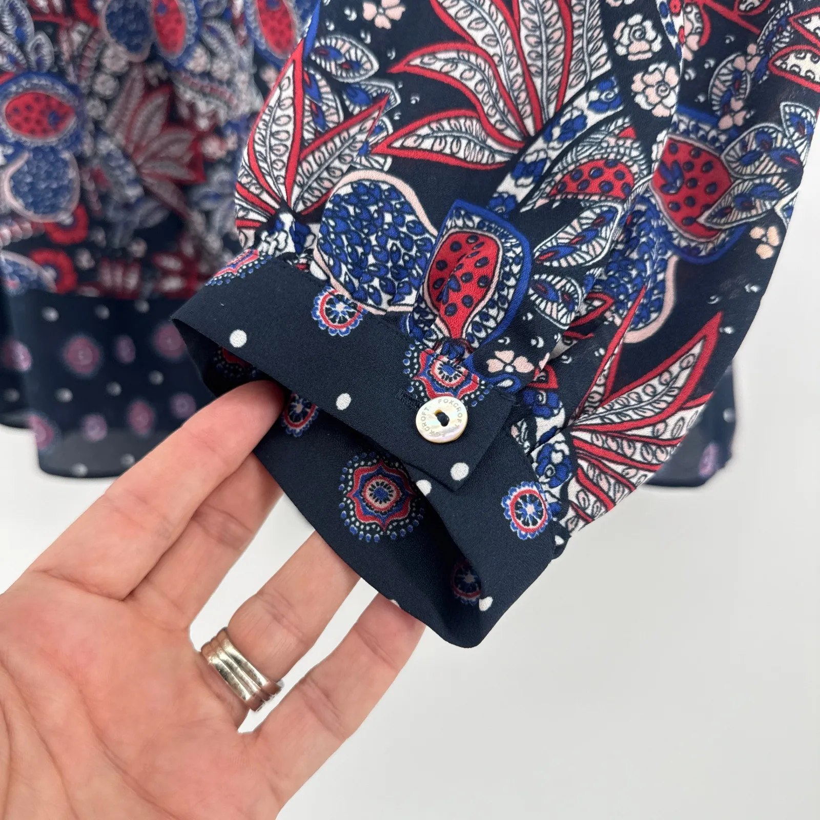 Foxcroft 1X Navy Red Floral Print Long Sleeve V Neck Blouse Womens Career Office - Image 3