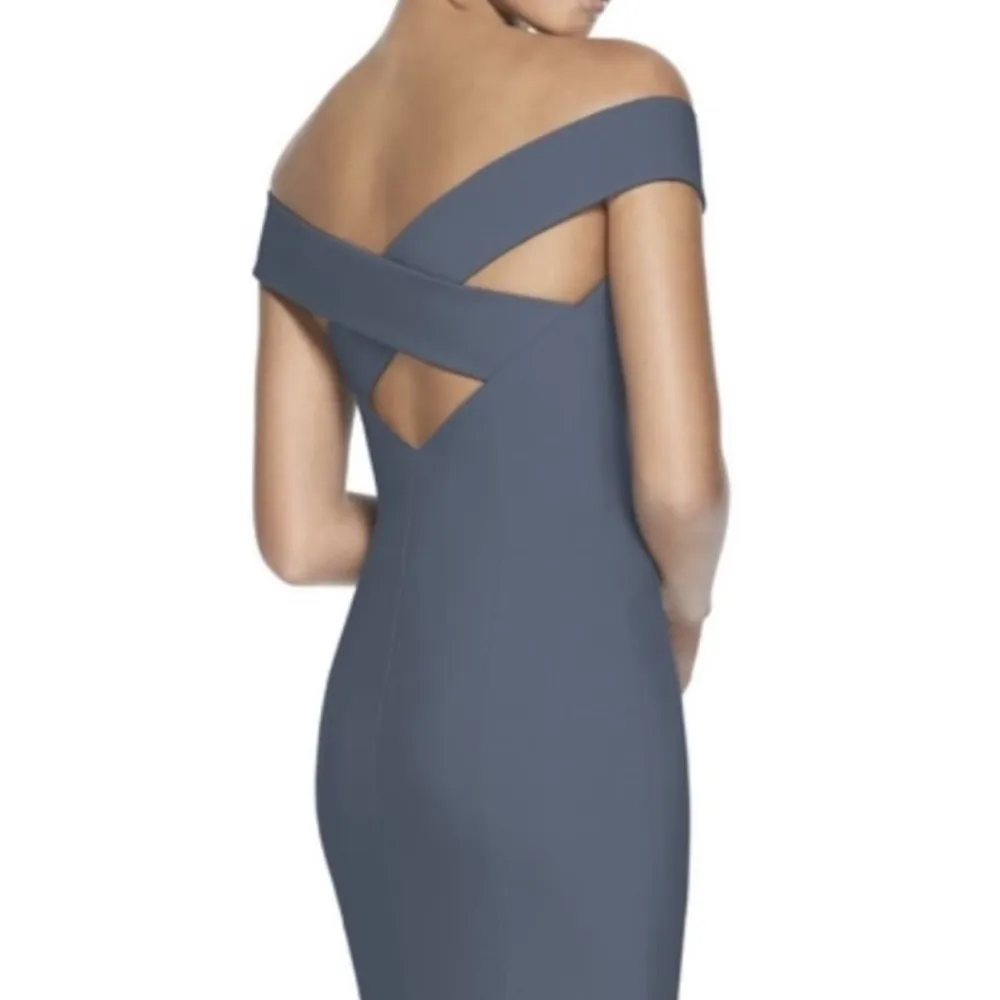 Dessy Collection Off The Shoulder Crossback Trumpet Crepe Gown: Silverstone Grey Gray Size 0 - Image 5