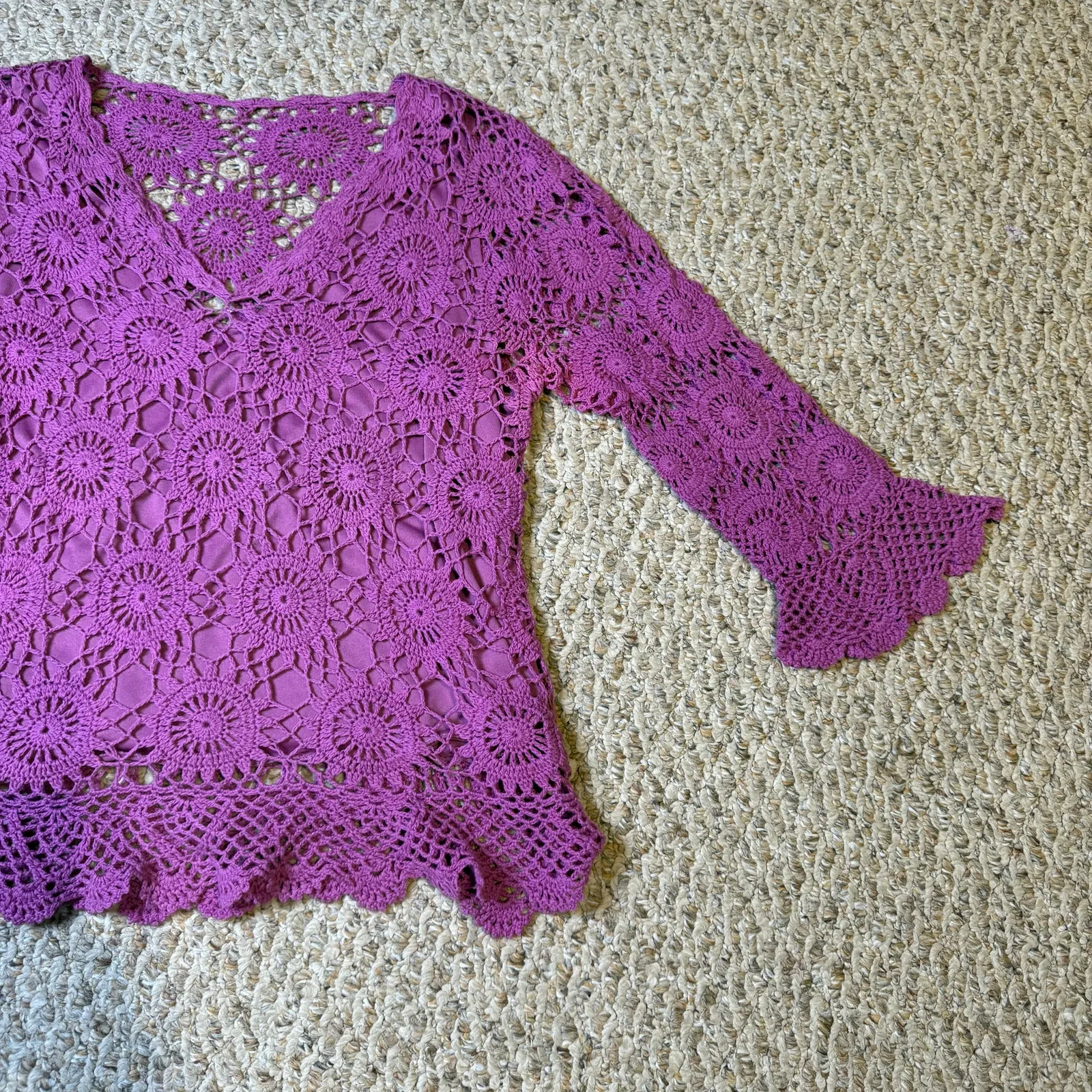 Vintage Y2K 90s Casual Purple Crochet Boho Indie Hippie Festival V Neck Top S/M - Image 4