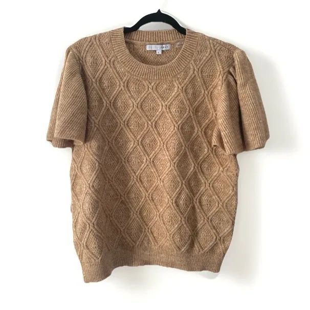 BALTIC BORN Ruffle Sleeve Cable Knit Sweater Top Womens Large Tan Flutter Preppy - Image 2