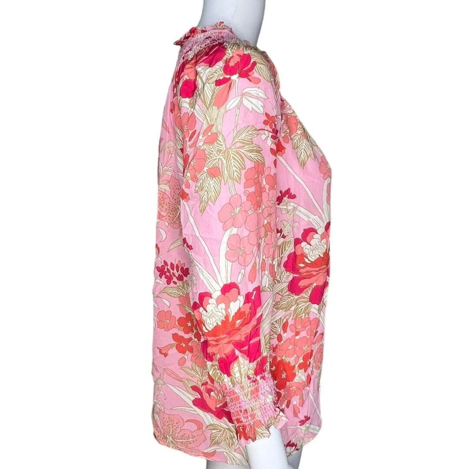 Talbots Blouse Womens Small Petite Pink Floral Flower Smocked Popover Feminine‎ - Image 2