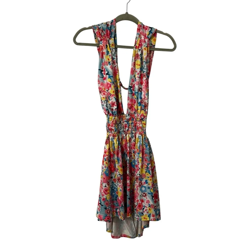 Colorful Floral Design Dress Open Back Style Women’s Size Large Lightweight Fit! Yellow - Image 2