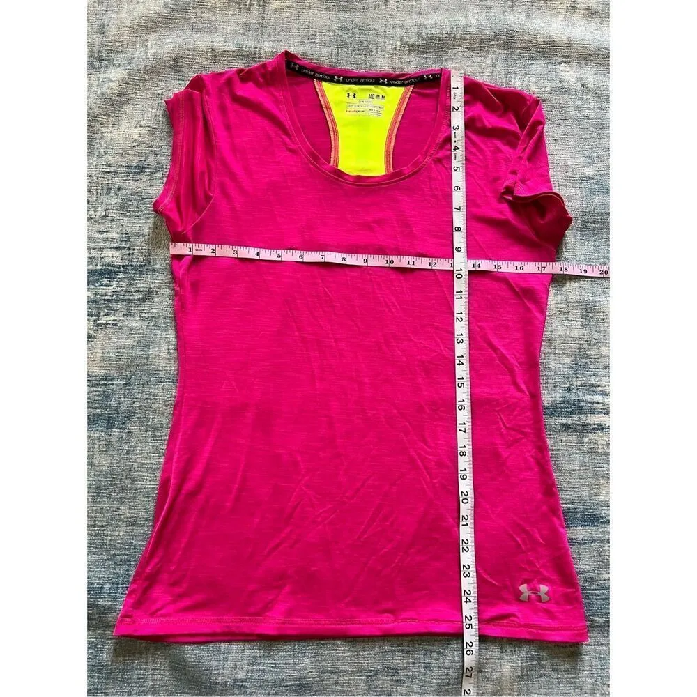 Under Armour Pink Neon Yellow Reflective Run Heatgear Short Sleeve Tee M - Image 4