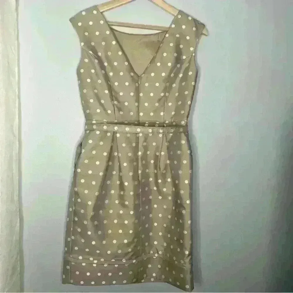 Eliza J Polka Dot Satin Belted Tulip Dress Size 4 Taupe - Image 5