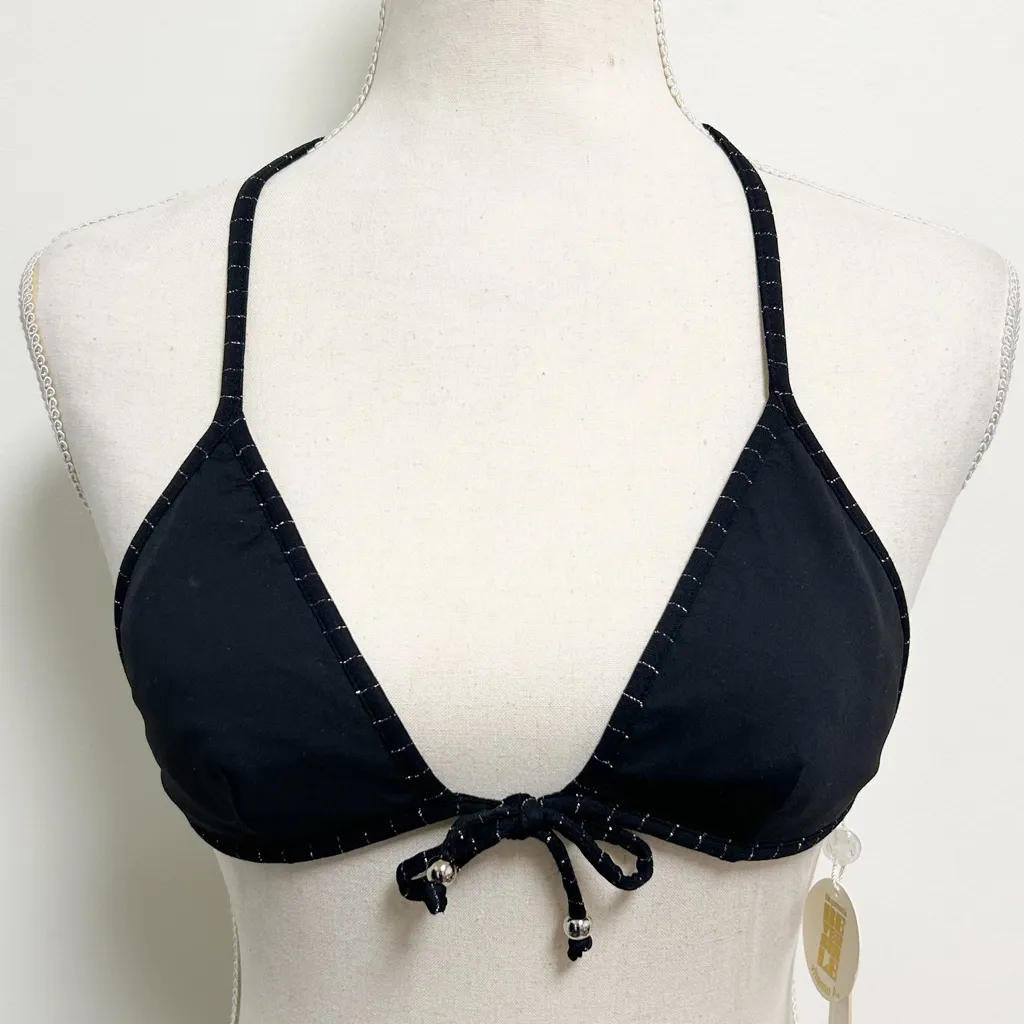 Vitamin A  Black Metallic Silver Tone Stripe Reversible Tie Triangle Bikini Top 4 - Image 3