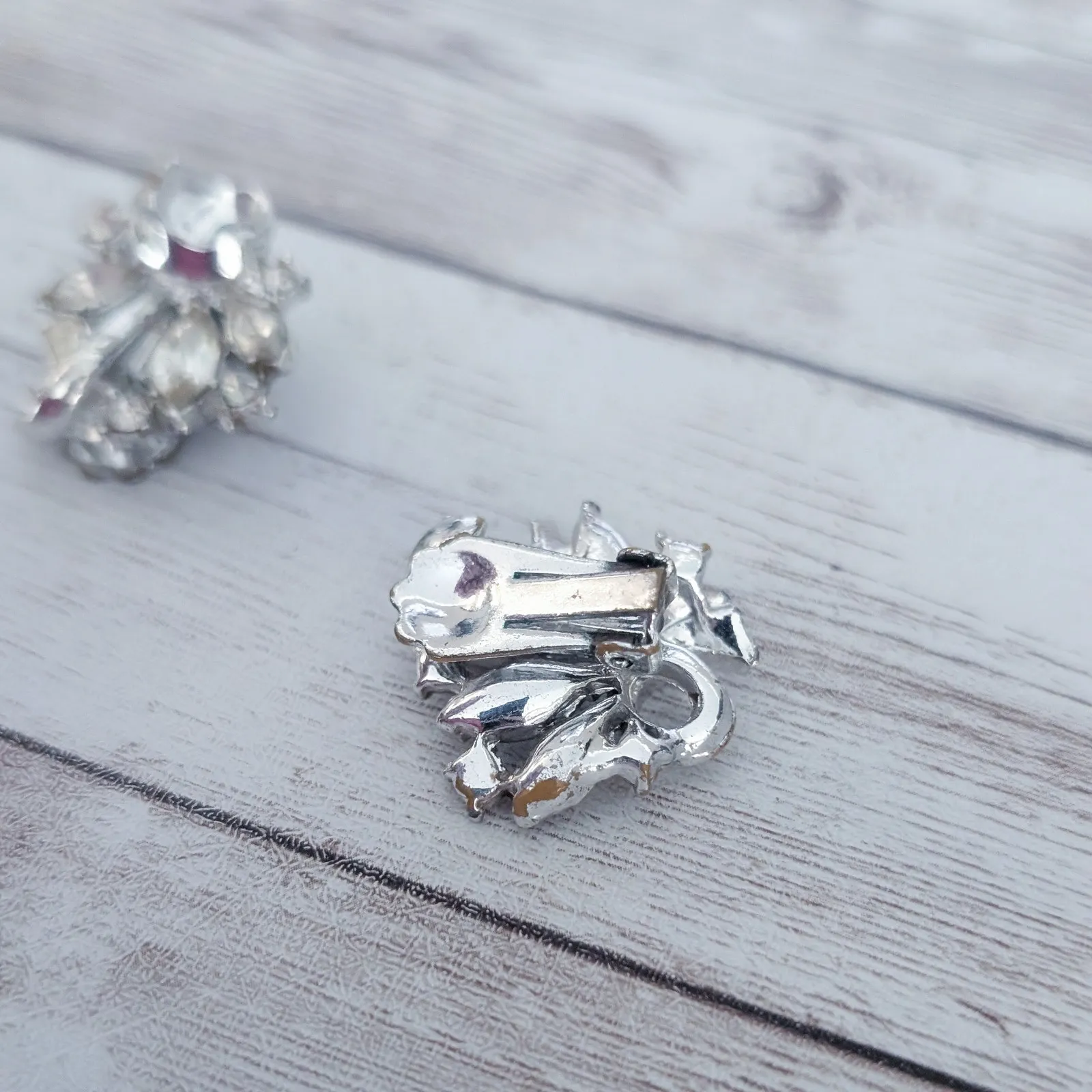 Vintage Clip On Earrings Silver Tone, Clear Gem - Image 8