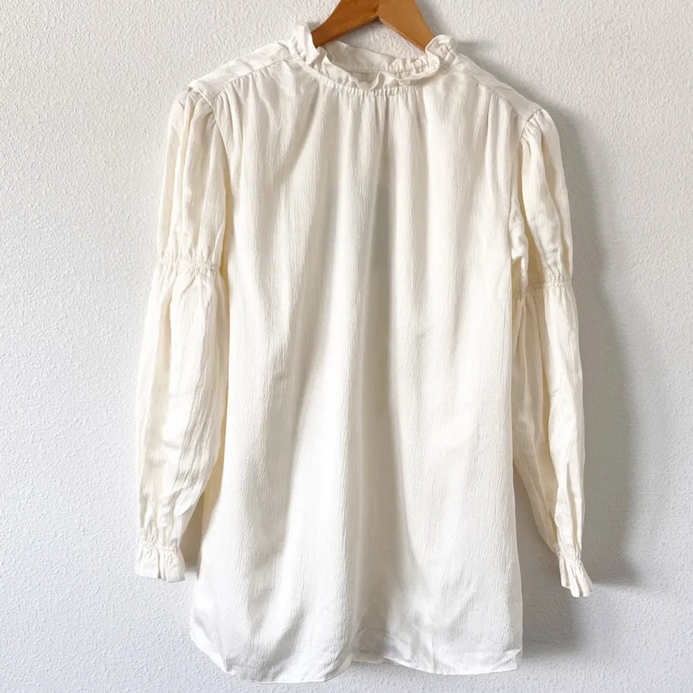 Veiled Ruffle Cinched Long Sleeve Blouse in Off White - Image 2
