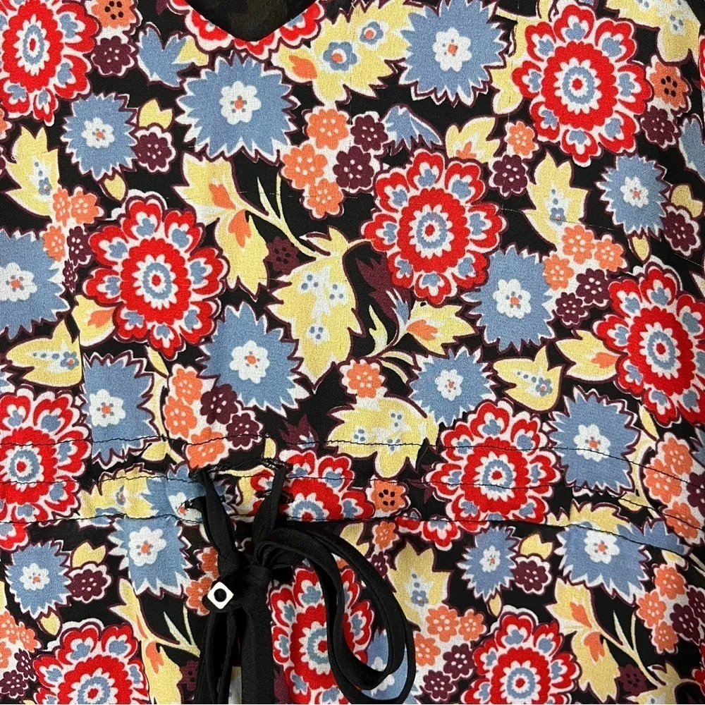 BCBGeneration Red & Blue Retro Floral Long Sleeve Babydoll Mini Dress S - Image 4