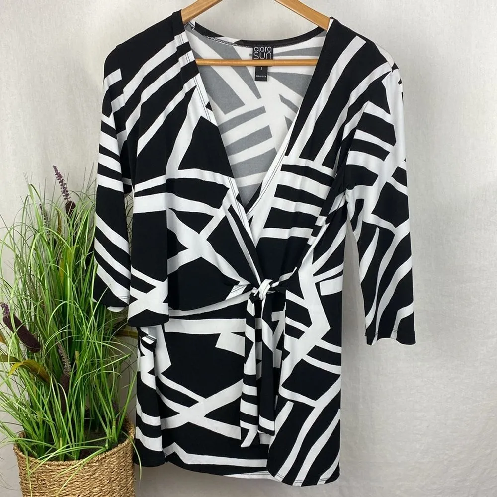 Clara Sun Woo Black & White Print Side Wrap Tunic Top S - Image 4