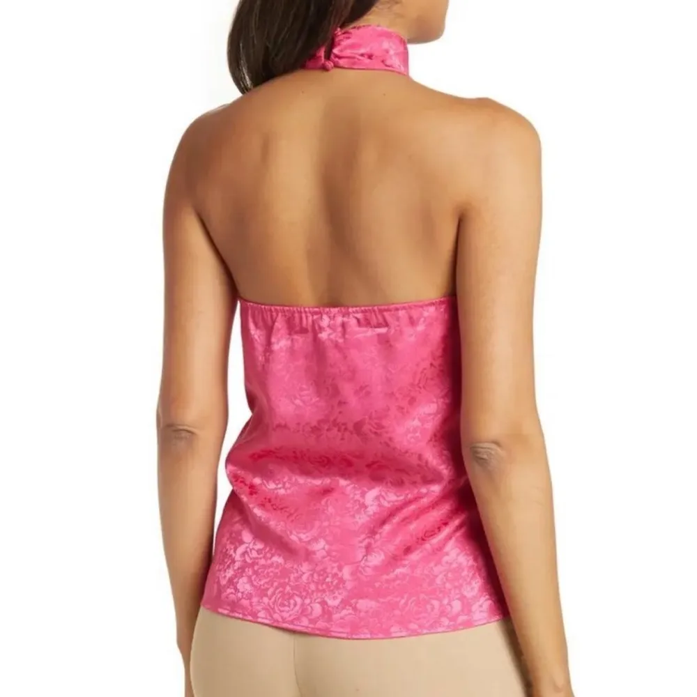 NWT Ronny Kobo Claire Hot Pink Halter Tank Top Silky Floral Cropped Blouse sz M - Image 2