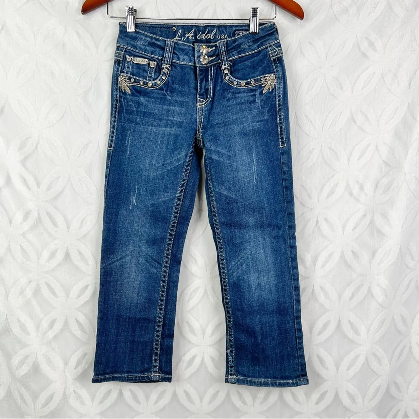 L.A. Idol Bling USA Y2K Bootcut Juniors Cropped Jeans Pocket Size 1 Blue - Image 3