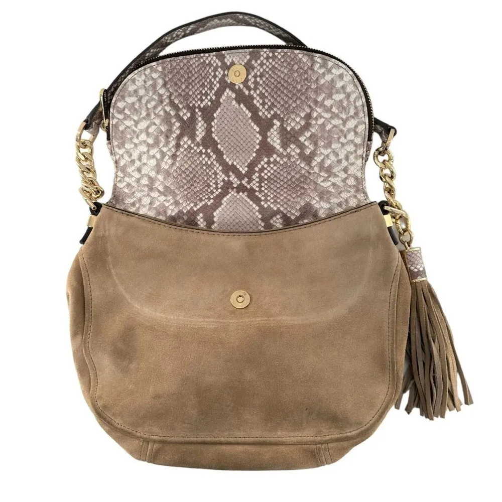 MICHAEL KORS Bedford Dark Sand Suede & Python Embossed Leather Shoulder Bag - Image 6