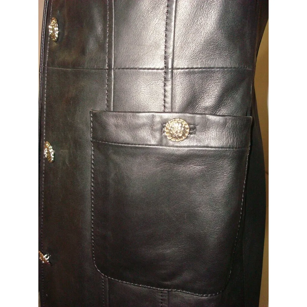 New NWT Karl Lagerfeld Paris Black Leather Jacket Long S Womens Buttons Silver - Image 4