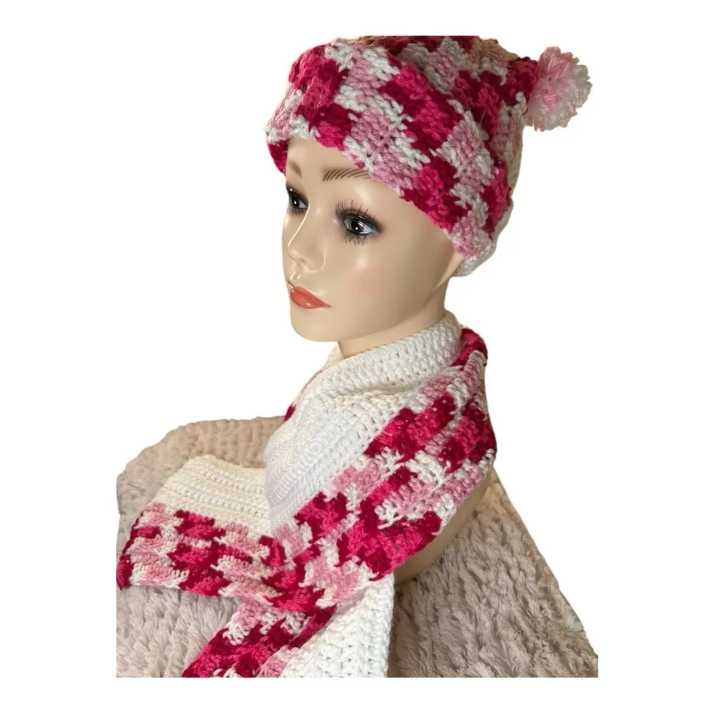 Handmade Crochet Hat & Scarf Set Cozy & Stylish. Brand new white, pink and red - Image 2