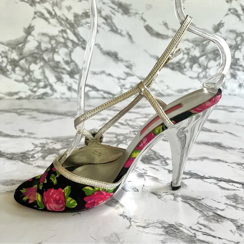 Betsey Johnson Sandals Black Silver Floral Rhinestone Strappy 8 - Image 9