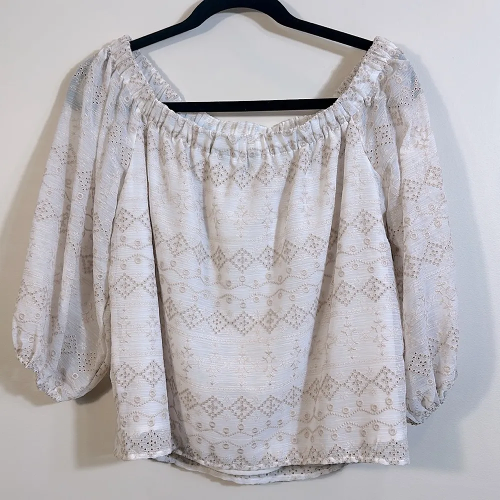 Express Embroidered Eyelet Off Shoulder Longsleeve Flowy Lined Women Top Medium - Image 2