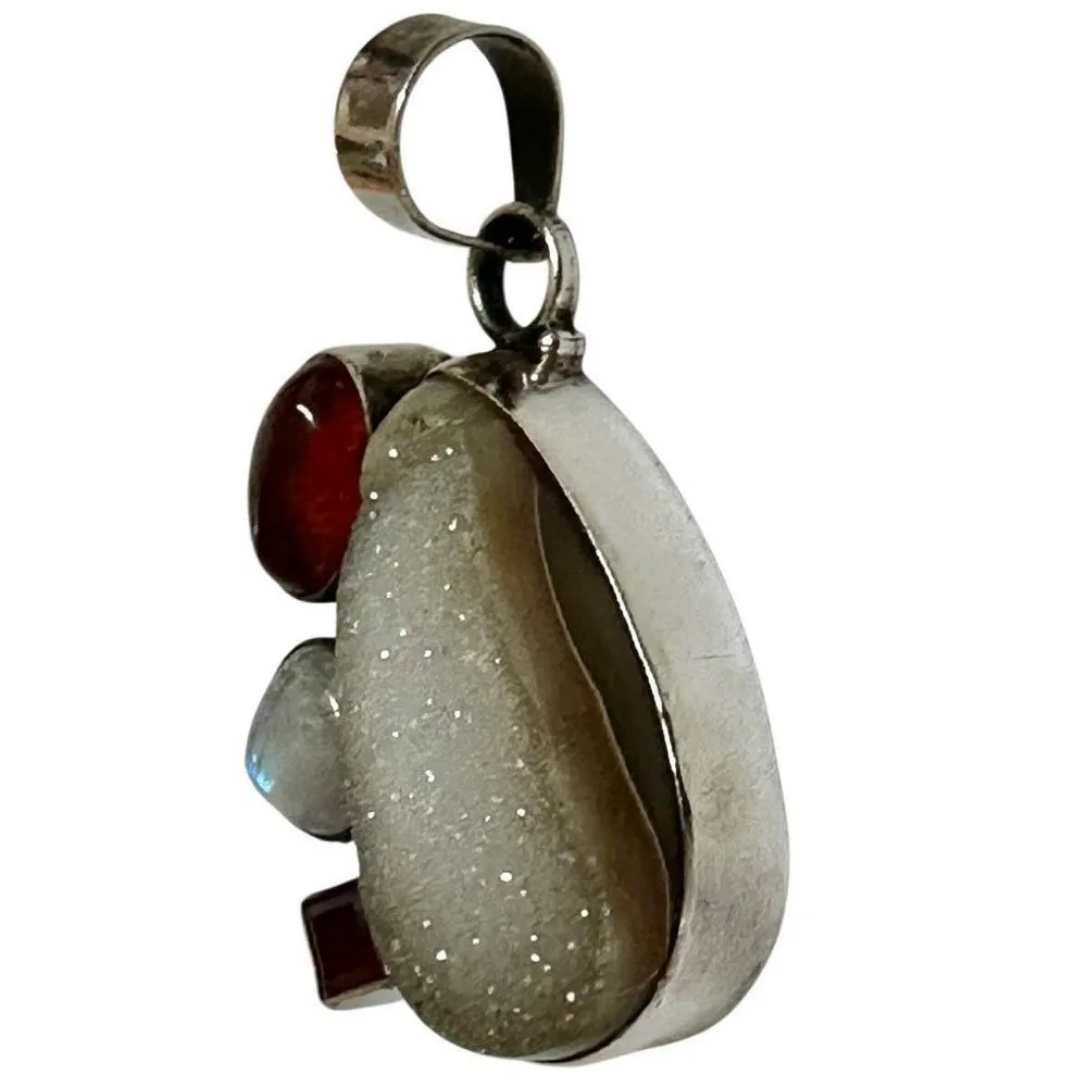 Sterling silver vintage druzy moonstone amber and garnet pendant - Image 3