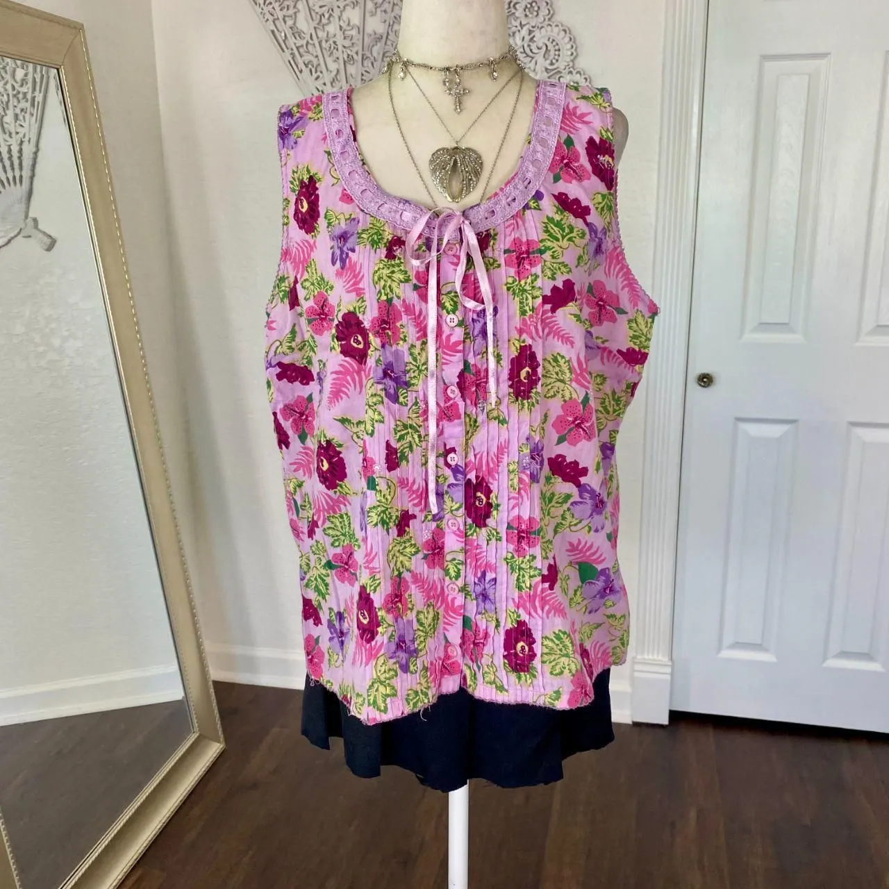 Early 2000's Pink Flower Cotton Floral Fairy Button Up Blouse Top XL - Image 5