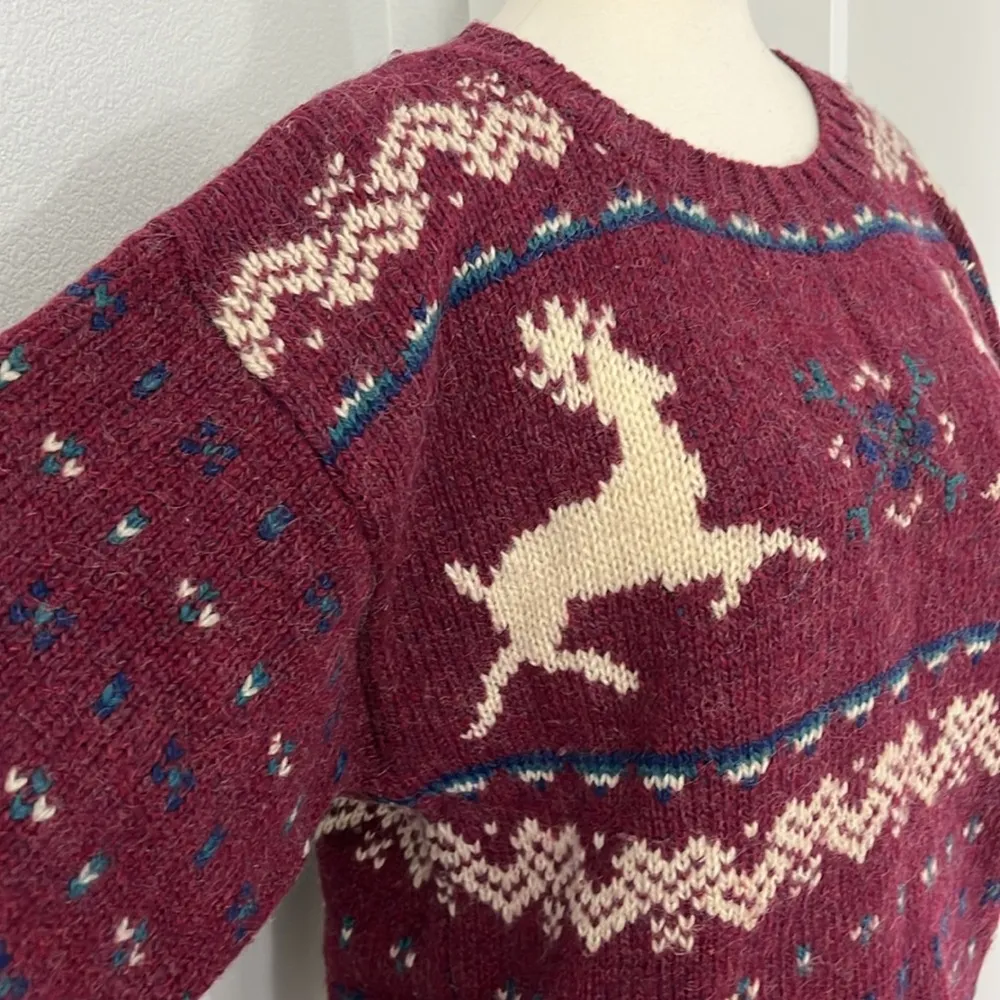 The Woolrich Vintage Large Wool Mohair Maroon Knit Reindeer Fair Isle Sweater - Image 9