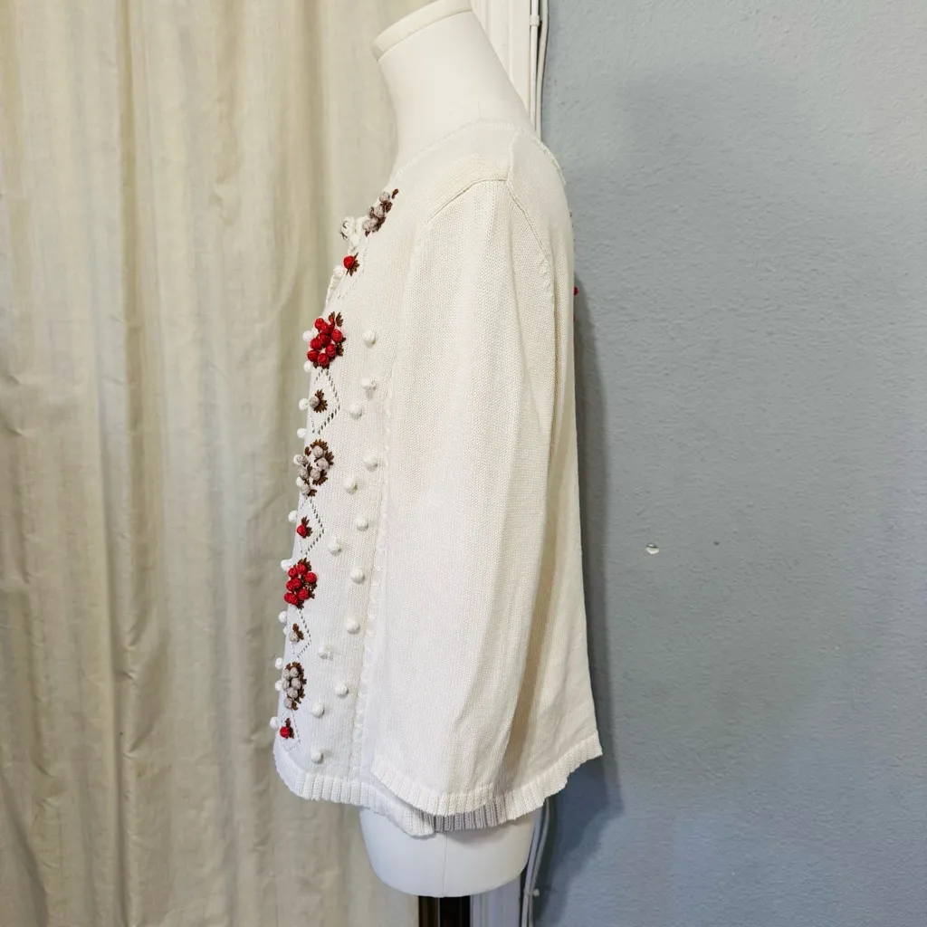 Christopher & Banks Cream Embroidered Floral Button Down Cardigan Women's Size L - Image 4