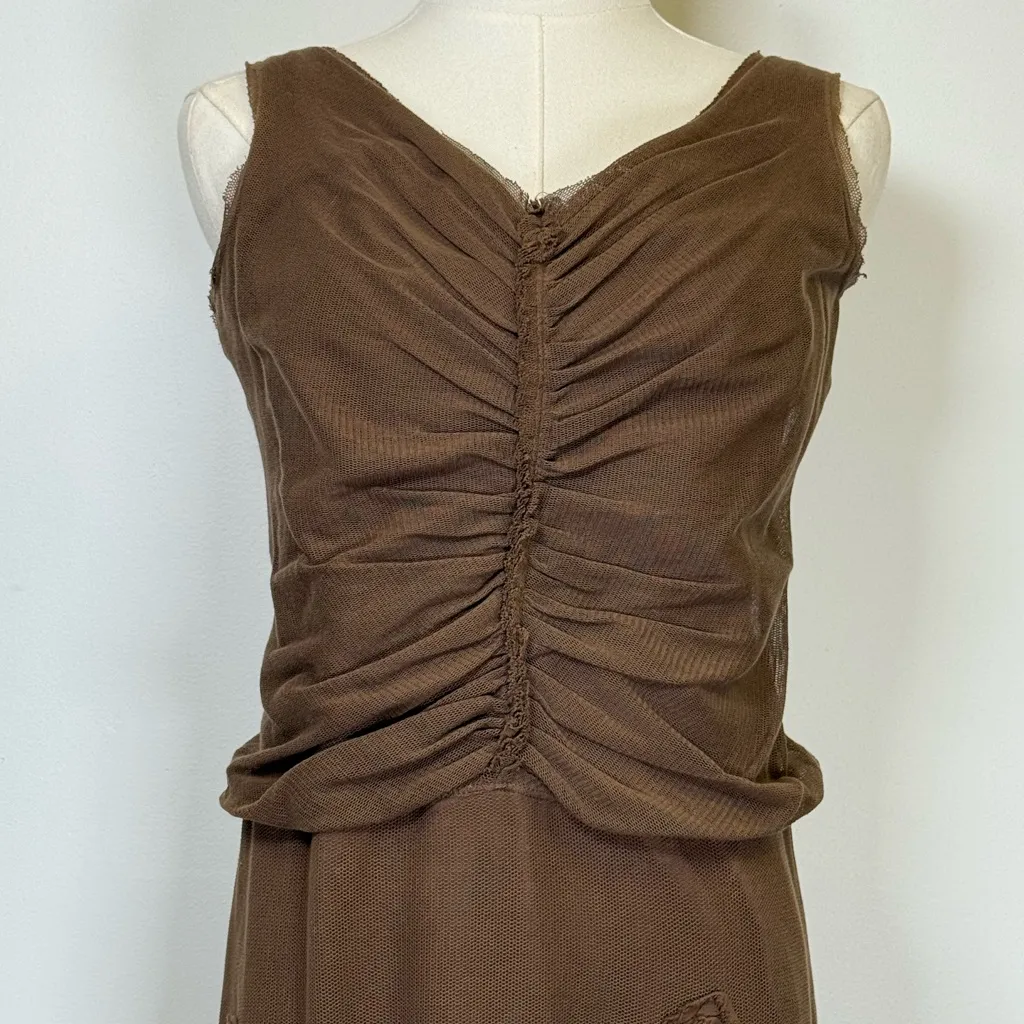 Max Studio Y2K Sleeveless Ruched Floral Appliqué Brown Midi Dress Women’s  XS - Image 3