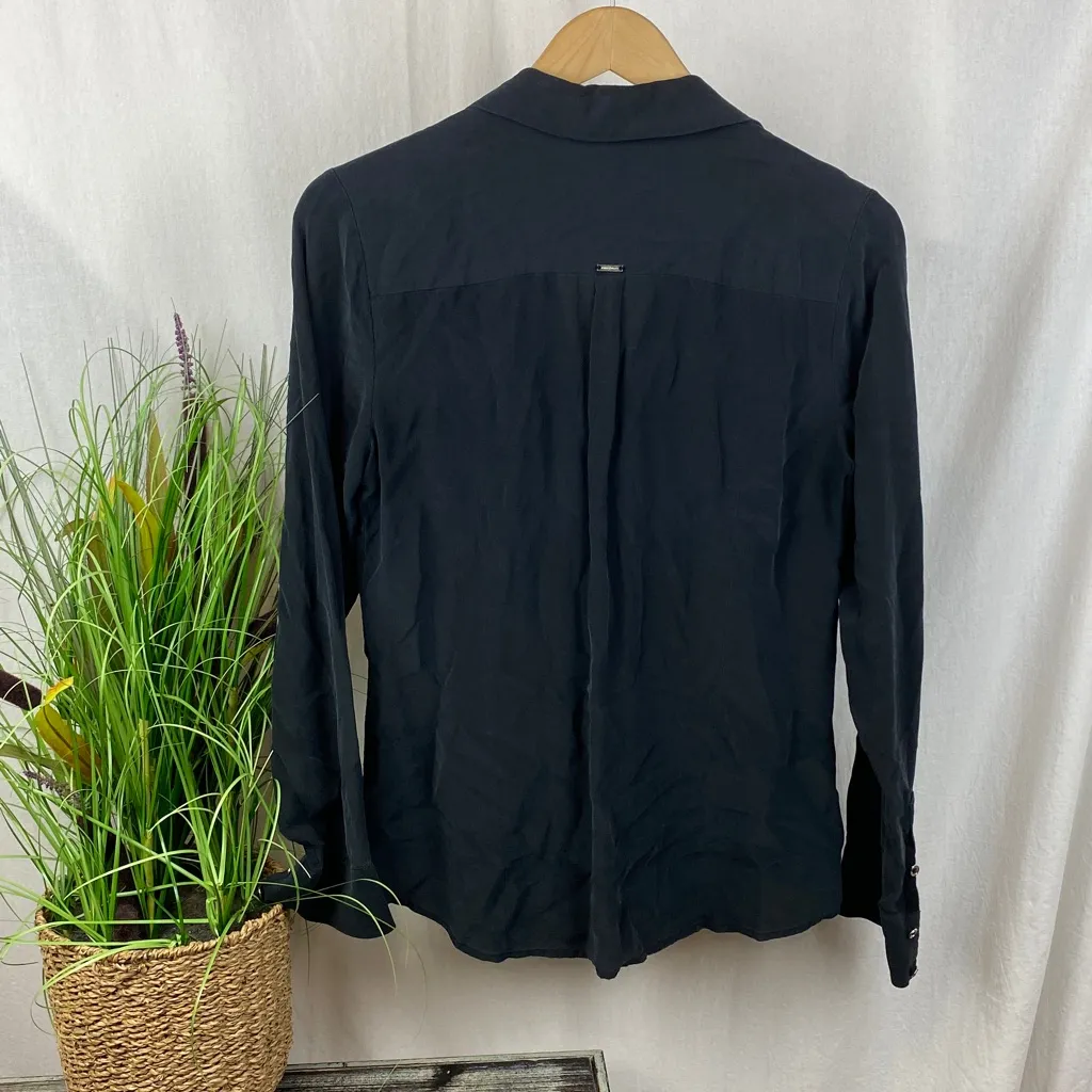 White House Black Market 100% Silk Black Long Sleeve Button Up Blouse Top 6 - Image 2