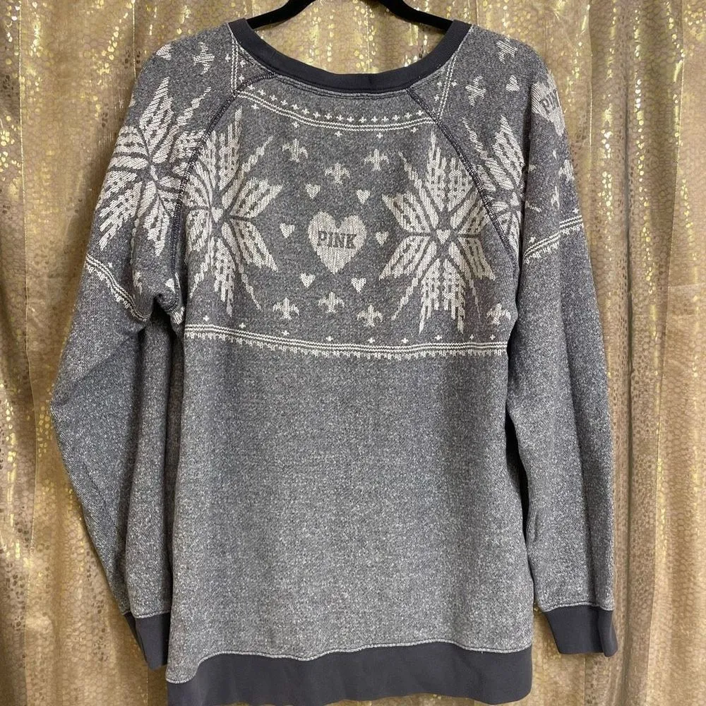 PINK Victorias Secret Gray White Snowflake Holiday Sweater, Oversized Small - Image 2