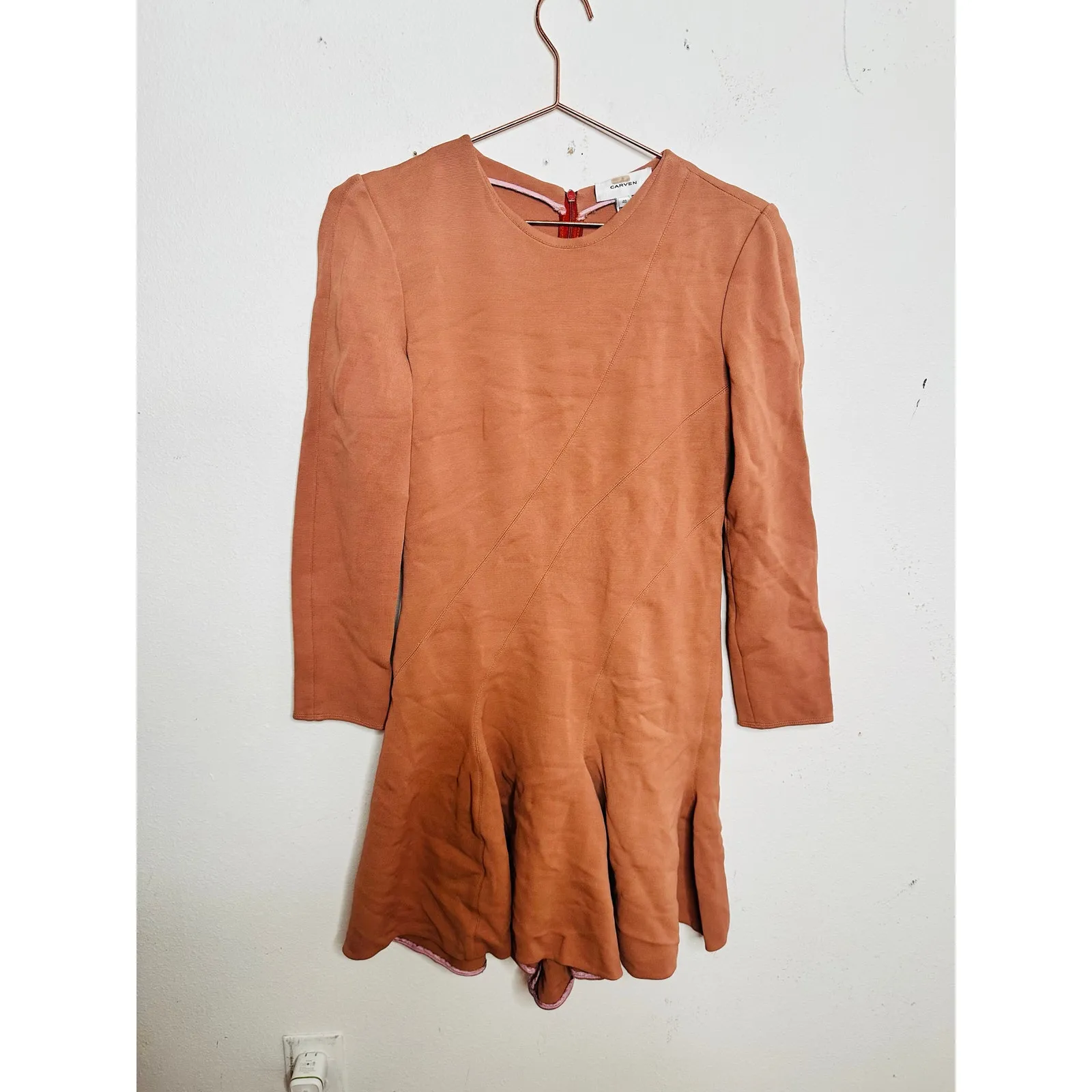 CARVEN Terracotta Orange Hue Bois De Rose Crew Neckline Midi Dress size 40 - Image 2