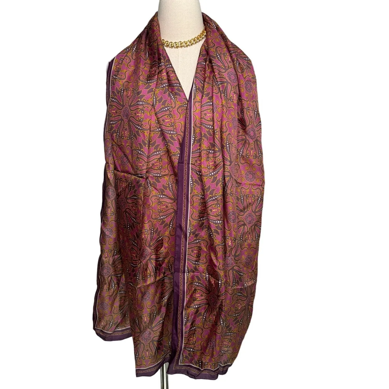Vintage 100% silk dragon print scarf handmade rolled edge extra long XL 25x78" Purple - Image 3