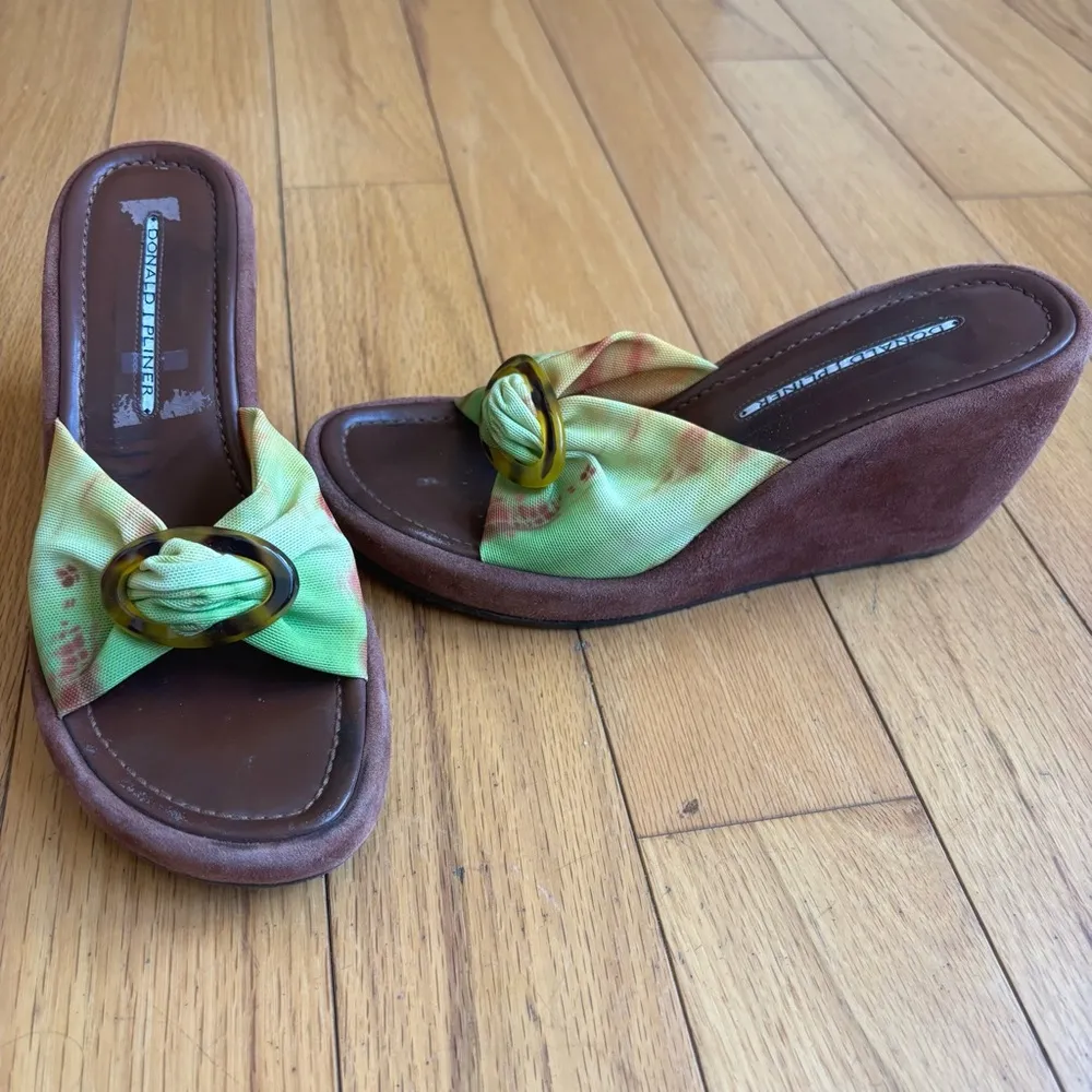 Vintage Green Tie Dye Mesh Knit Platform Wedge tortioise buckle & suede heel Brown Size 7.5 - Image 3