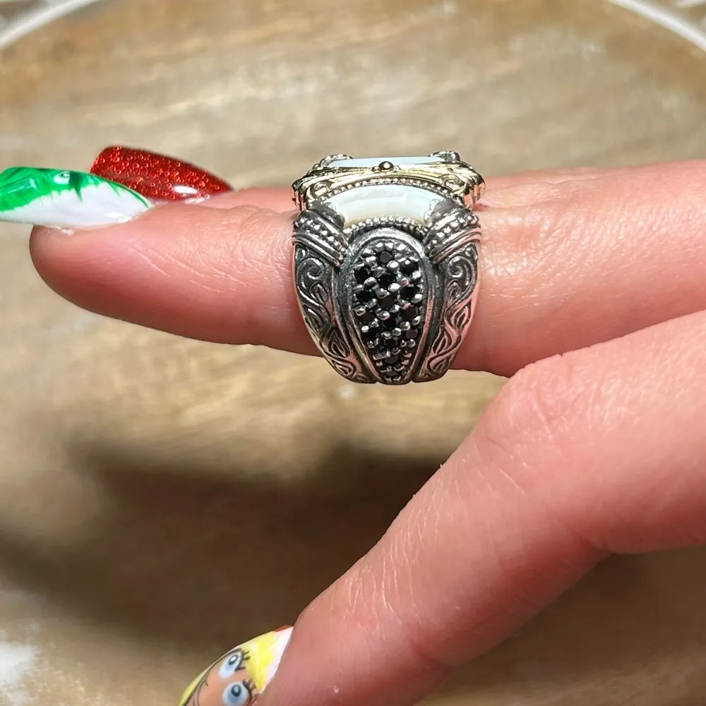 Konstantino 925 Sterling Silver & 18K Gold Mother of Pearl & Black Spinel Ring - Image 14