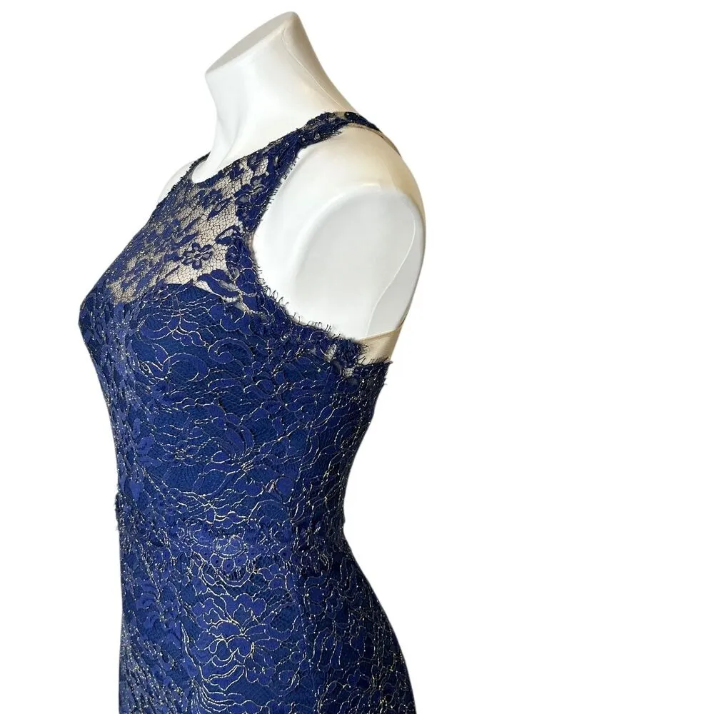 MARCHESA NOTTE Navy Blue Metallic Lace Dress size 0 XS Formal Gown Wedding - Image 11