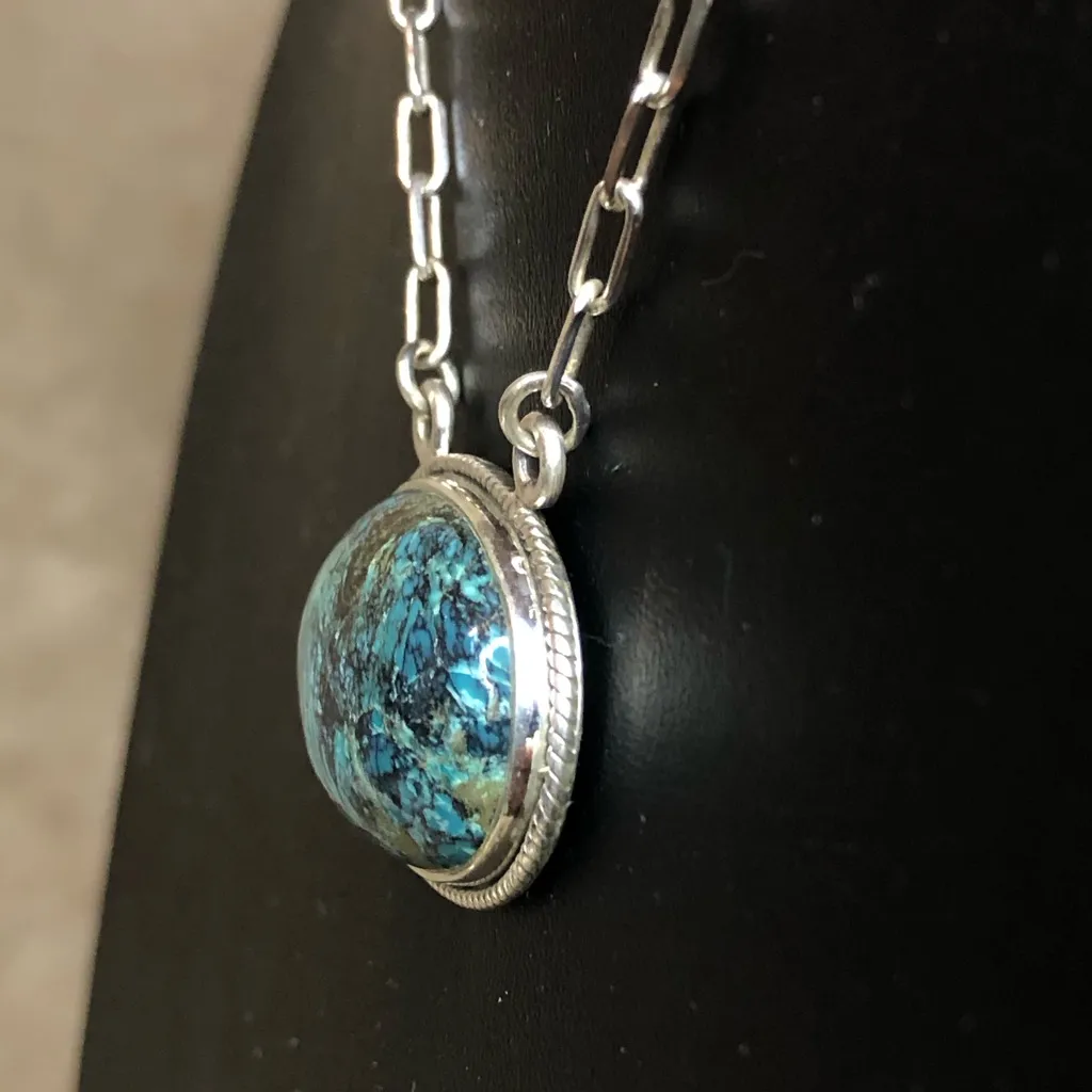 Turquoise Cabochon Gemstone with Rope Encircled Bezel and Sterling Silver Chain - Image 3