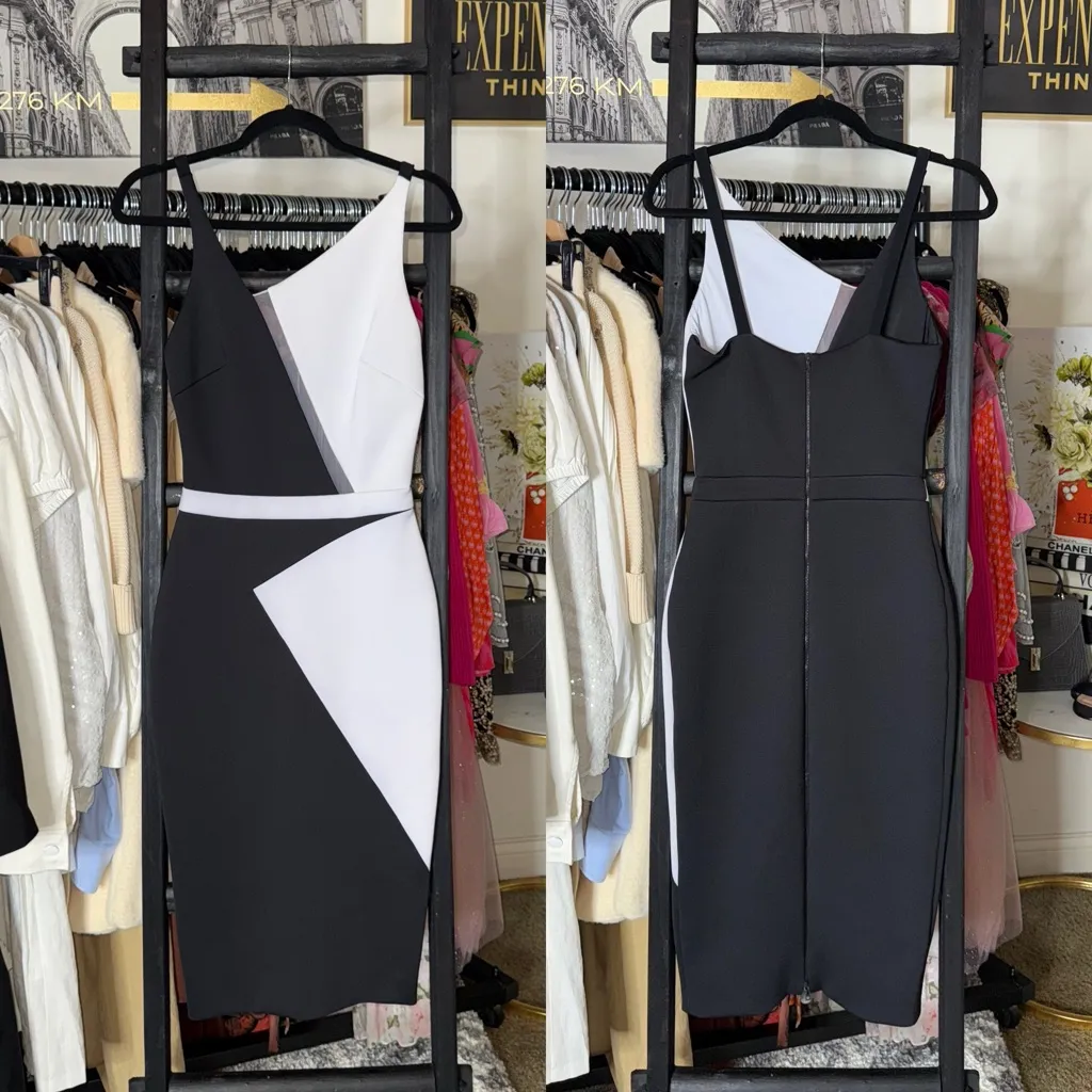 David Koma Black White Colorblock Asymmetrical Mesh Neoprene Midi Dress Size 8 - Image 2
