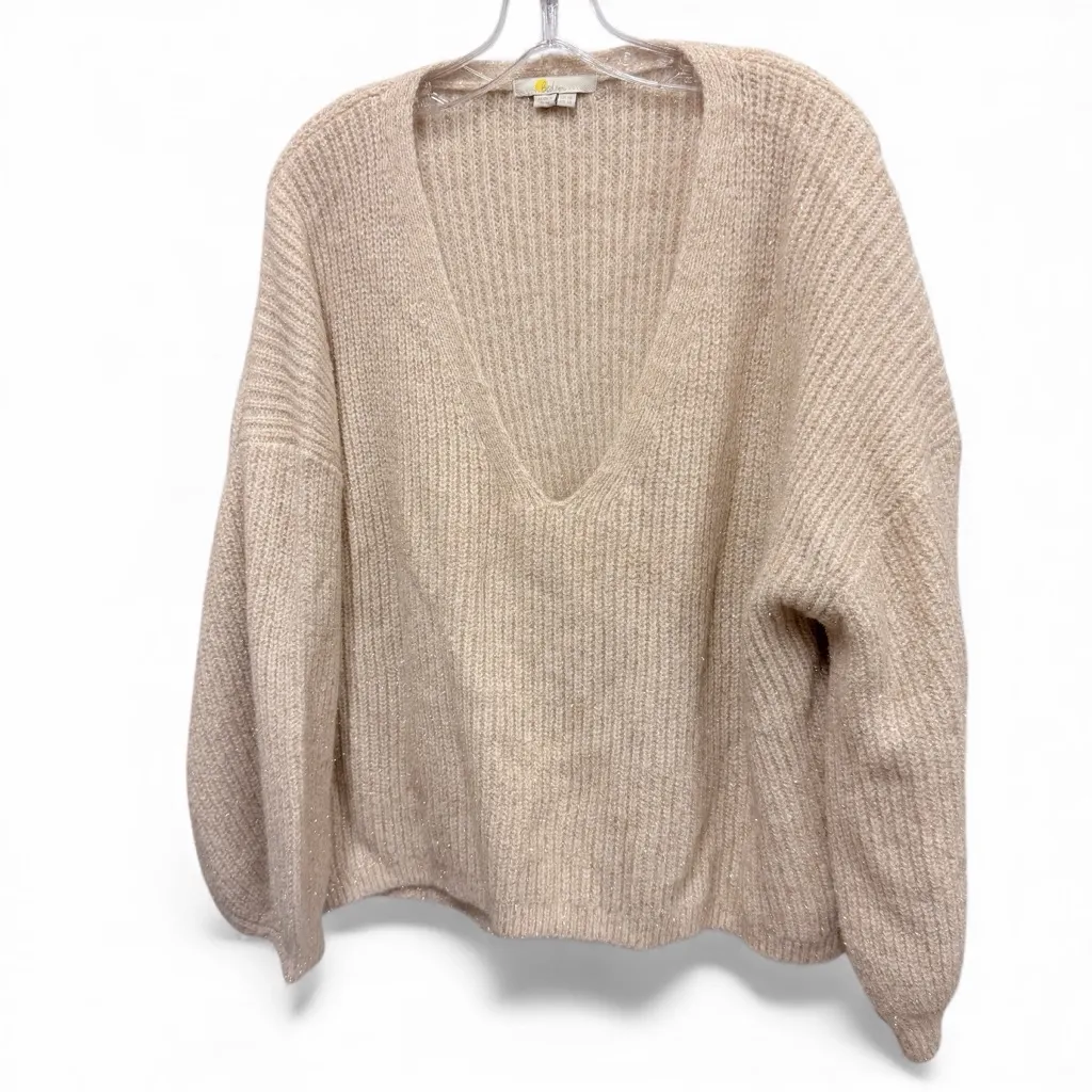Boden Oversized V Neck Cable Knit Pullover Cream Metallic Sweater Size 14 - Image 2