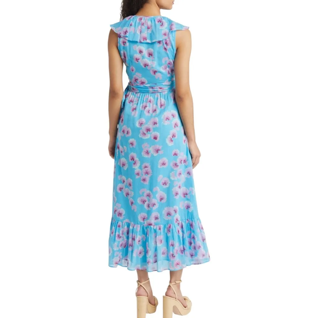 NWT Banjanan Anthropologie Elise Cotton Floral Wrap Midi Dress Blue Size XS - Image 14