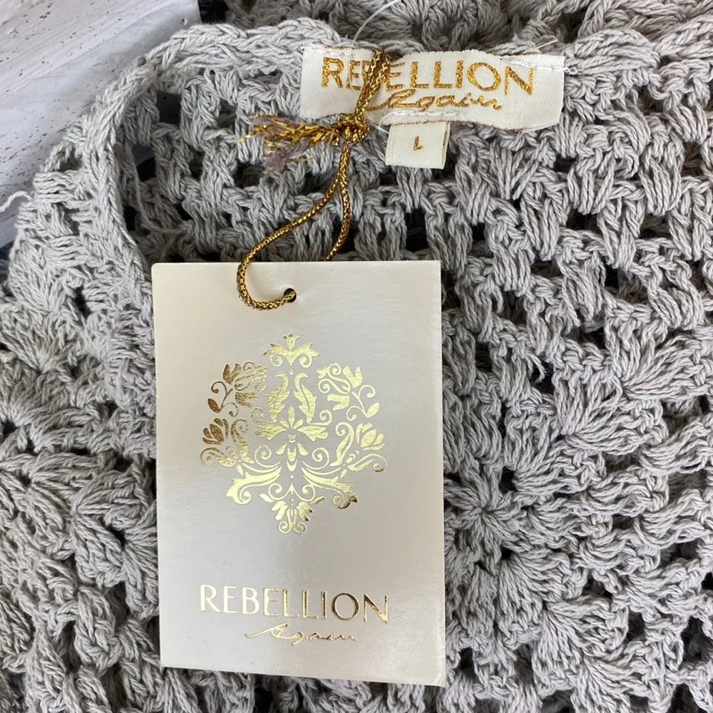 Rebellion Tan Sheer Crochet Fringe Open Front Cardigan Sweater NEW L - Image 4