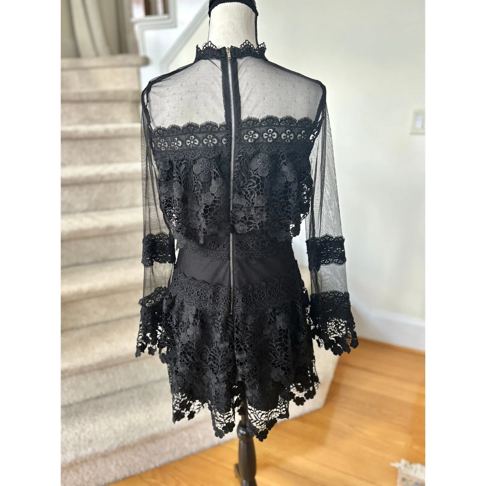 PrettyLittleThing Black Illusion Lace Long Sleeve Mini Dress Whimsygoth - Image 4